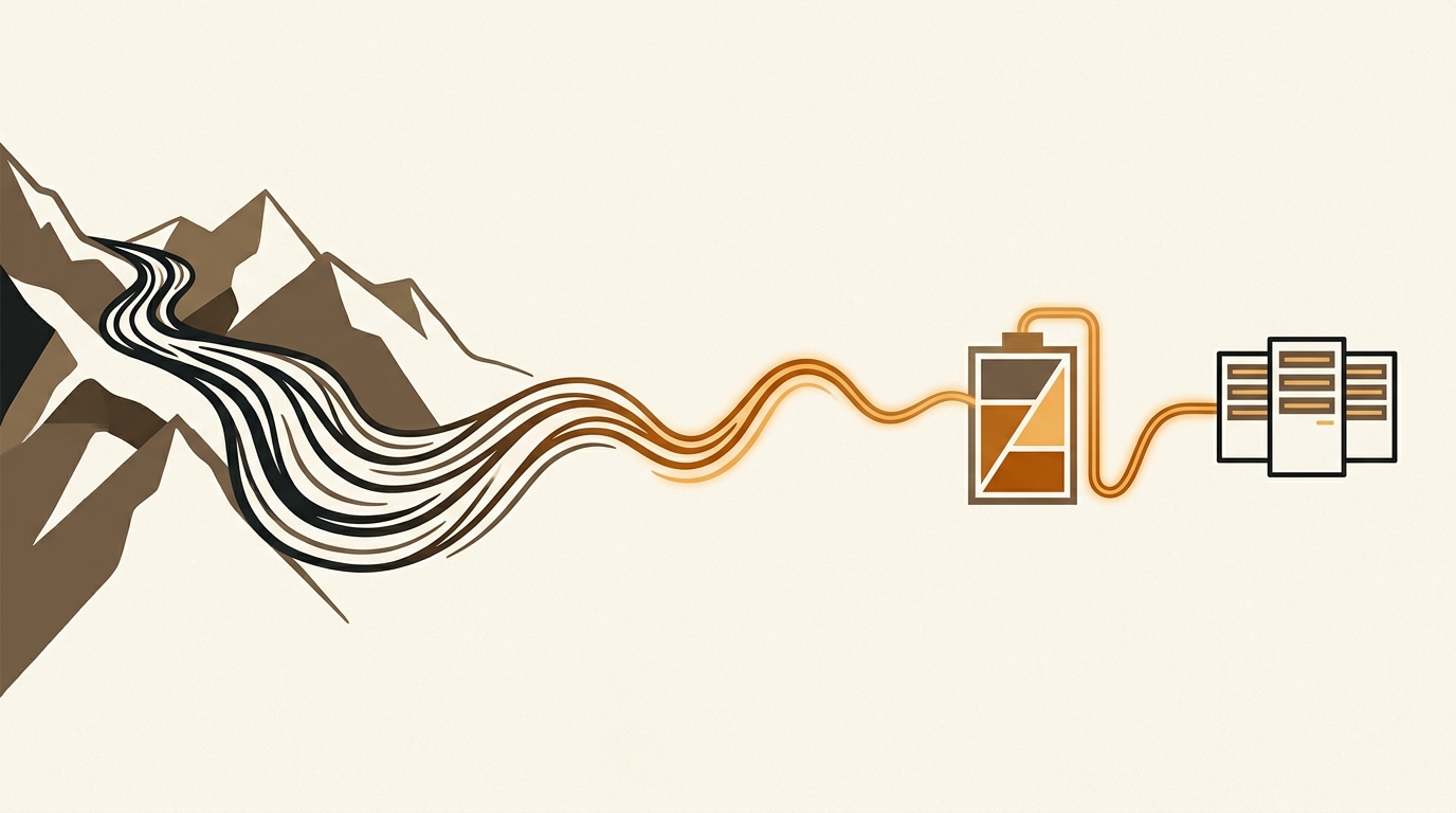 Illustrative diagram of a stylized mountain river transforming into a glowing energy line, a battery icon, and rows of server racks, symbolizing hydropower converting into AI compute