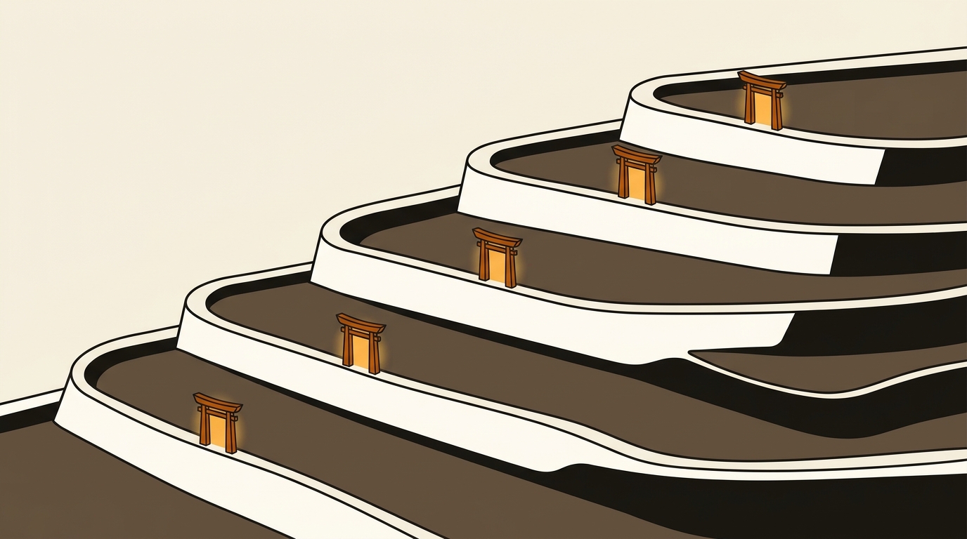 Conceptual illustration of five ascending terraced platforms, each with a glowing threshold marker, symbolizing phased capacity growth gated by decision checkpoints