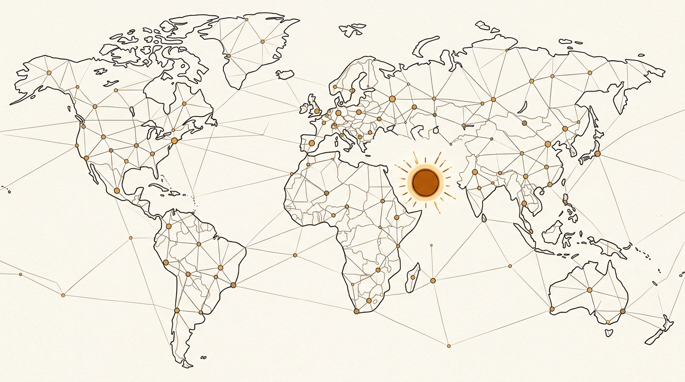 Conceptual illustration of a global network of connected nodes with one glowing node standing apart, symbolizing a nation's sovereign, self-controlled compute infrastructure