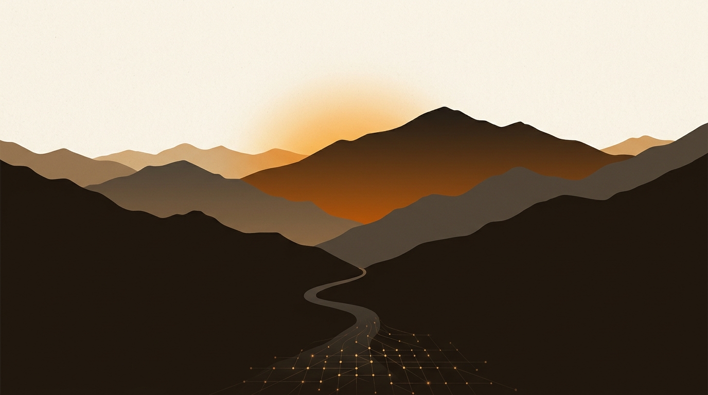 Illustrative rendering of layered Himalayan mountain ridgelines dissolving into an abstract grid of glowing compute nodes, symbolizing Bhutan's hydropower becoming AI infrastructure